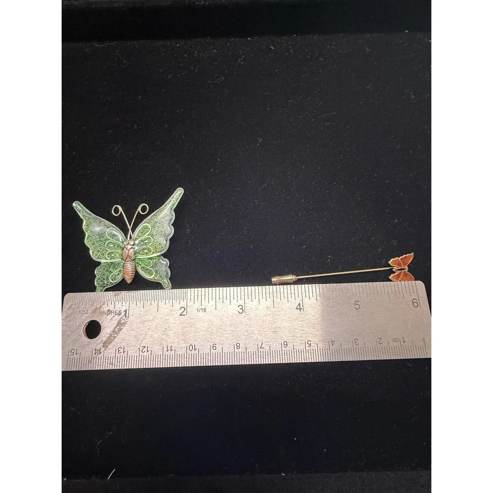 Vintage Butterfly Brooch and Stick Pin Set Green Enamel‎ Orange Butterfly Lot
